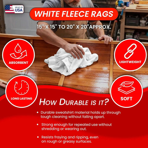 Person using Recycled White Fleece Rags 50 Lb Box For Cleaning And Polishing Auto Home And Workshop Low Lint Mad Absorbent Wipes