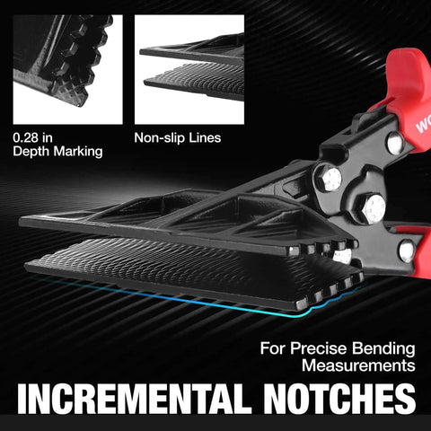 Close-up of Six Inch Hand Seamer Tool For Sheet Metal Bending And Seaming Heavy Duty Steel Brake Pliers with depth marking and notches.