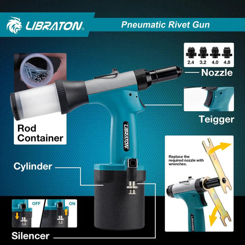 Beefy Heavy Duty Pneumatic Rivet Gun Kit With Self Suction Design Fast Air Riveter for auto repair, shown with components labeled.