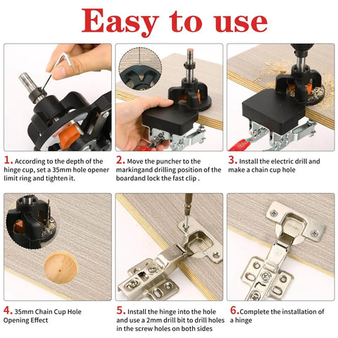 Step-by-step guide using 35mm Concealed Hinge Jig For Cabinets, Heavy Duty Aluminum Drill Guide With 2 Quick Clamps, Adjustable Quick Punch Tool