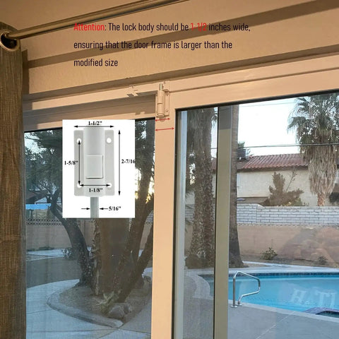 Sliding Door Foot Lock Kick Lock For Patio Doors And Windows installed on glass sliding door showing size measurements