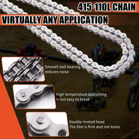 Close-up of Heavy Duty 415H 110L Chain With Chain Breaker Kit for 49cc to 80cc 2 stroke motorized bicycles and small dirt bikes, details visible.