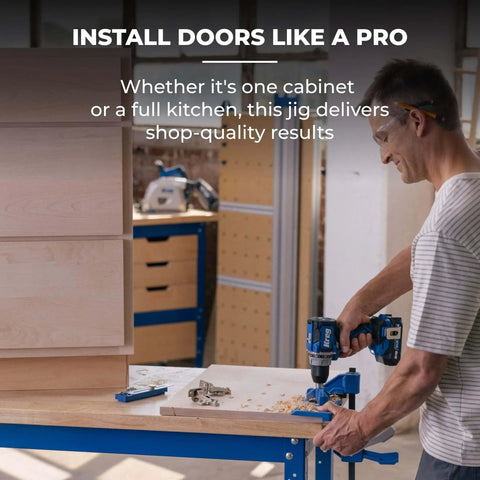Man using a hand drill with a concealed hinge jig for 35mm cup holes, adjustable cabinet door installation tool with four-cutter carbide bit and stop collar on a workbench, Kreg.