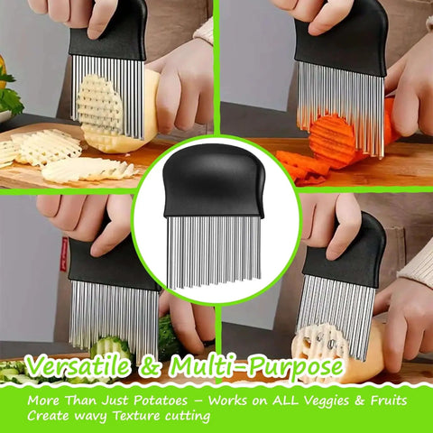 Large Wavy Crinkle Cutter For Potatoes Vegetables And Fruits With Stainless Steel Blade And Easy Plastic Handle Perfect For French Fries Salad Garnishing And Quick Kitchen Hack For Home Cooks in use on various vegetables