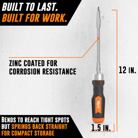 Versatile 12 In 1 Ratcheting Flexible Screwdriver For Tight Spaces With Bendable Shaft And Bit Holder, zinc-coated for durability.