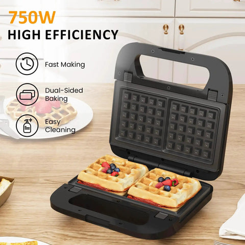 Three In One Sandwich And Waffle Maker With Removable Plates Panini Press Nonstick Plates Indicator Lights And Cool Touch Handle 750W Black Kitchen Gadget for grab and go breakfasts shown open with waffles inside on a kitchen counter.