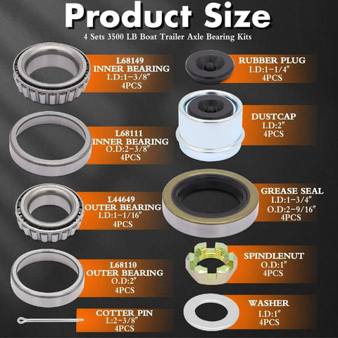 Trailer Hub Bearing Kit For 84 Spindle L68149 L44649 Four Sets Complete Hub Kit With 1.98 Inch Dust Covers shown with components