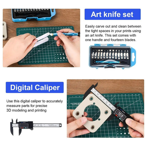 All In One 3D Printer Tools Kit With 55 Pieces For Post Processing Including Deburring Tool Caliper Art Knife Set Tube Cutter And Storage Bag Pro Grade For DIYers Cleaning Finishing And Maintaining Your Prints image showing art knife set and digital caliper on cutting mat.