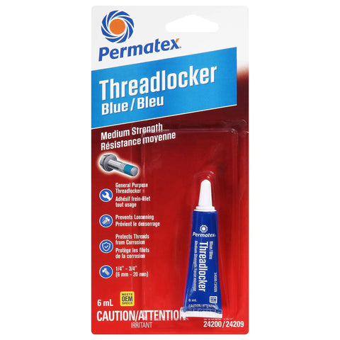 Blue Medium Strength Threadlocker for Fasteners 1 Quarter Inch To 3 Quarter Inch 6mL by Permatex in packaging view, shows bottle details.