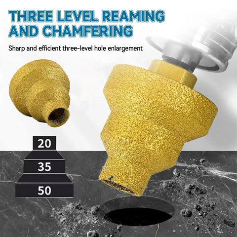Image of Three Size Diamond Step Drill Bit Set Pro Grade Heavy Duty 20mm 35mm 50mm Diamond Core Drill Bits for Marble Tile Concrete Granite Quartzite with M10 Thread showing three-level reaming and chamfering, highlighting its use for efficient hole enlargement in tough materials.