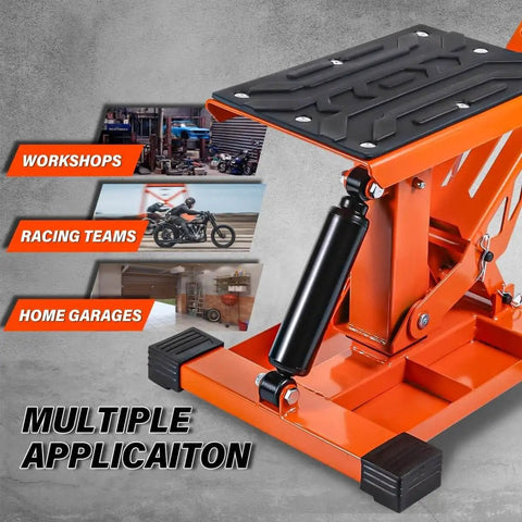 Beefy Heavy Duty Hydraulic Dirt Bike Lift Stand With Tool Trays 1000 Lbs Capacity Jack Stand For Dirt Bikes ATVs And Motorcycles Hoist Table For Dirt Pit Bike Repair And Maintenance with orange hydraulic lift and rubber platform.