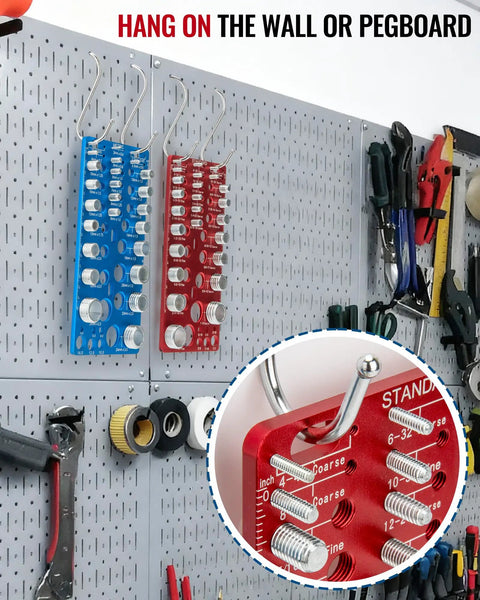 All In One Nut And Bolt Thread Checker Kit With 62 Pieces, 25 Standard And 25 Metric Thread Gauges, 12 Drill Bit Gauges, Wall Mount Bolt Size Finder For Fasteners And Drill Bits hanging on pegboard with hooks.