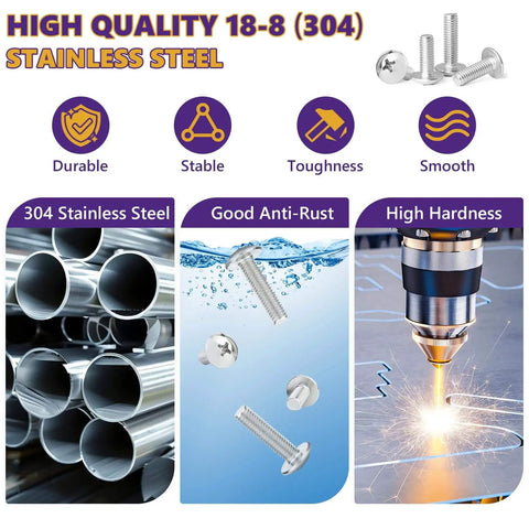 20 Pack 6-32 x 1 Inch Phillips Pan Head Stainless Steel Machine Screws 304 shown with durability, rust resistance, and hardness features.