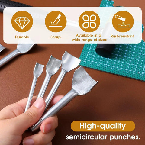Hand holding semi-circular punches from 15 Piece Leather Corner Punch Set With Double Sided Rubber Hammer Half Round And Quarter Round Punches