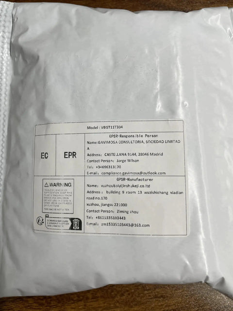 White packaging with label showing contact information and address, including names Jorge Wilson and Jinzhou Jiangsu.