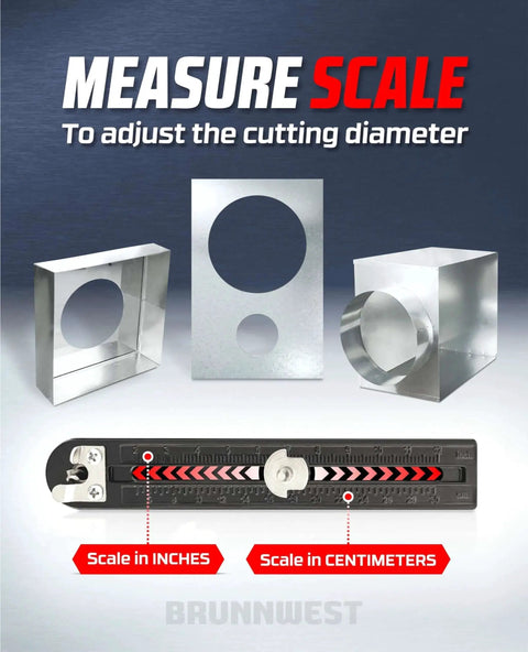 Adjustable Sheet Metal Circle Cutter For Two To Twelve Inch Holes In 24 Gauge Steel with scale for inch and cm adjustments