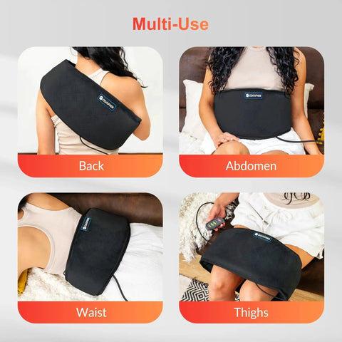 Plug In Back Heating Pad With Vibration Massager Low Heat And Auto Shut Off Heated Waist Belt For Lower Back Pain Relief shown in use on back, abdomen, waist, and thighs.