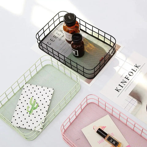 Black Metal Wire Cabinet Organizer And Storage Rack With Iron Grid Mesh Basket on desk with other trays and items