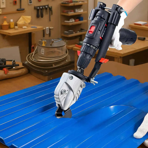 Sheet Metal Cutter Drill Attachment With 360 Degree Pivoting Head Sharp Blades Cuts 18 GA Galvanized Steel in workshop