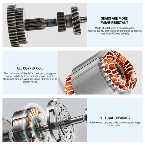 Internal components of High Torque 120W Worm Gear Motor With 1 To 40 Reducer And Speed Governor Controller, showing gears, copper coil, bearing.