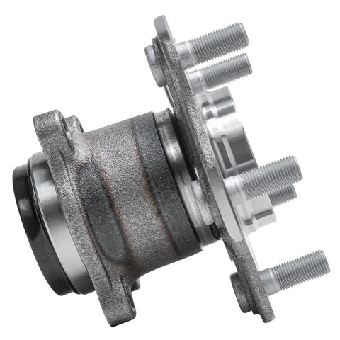 Side view of rear wheel bearing and hub assembly for Nissan Sentra 2013-2019, 5 lug ABS compatible FWD, with 4 bolt square flange.