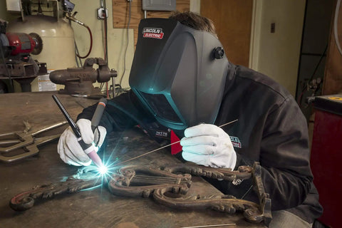 Welder using Viking Industrial Passive Black Welding Helmet For MIG TIG And Stick Welding, Heavy Duty Build, in workshop