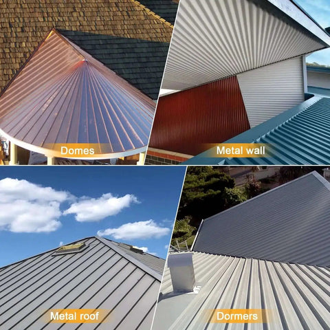 Examples of standing seam metal roofing, domes, metal wall, roof, and dormers showcasing precise edging.