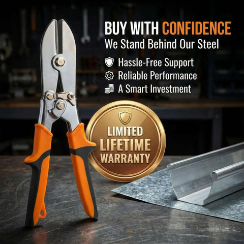 Five Blade Sheet Metal Crimp Tool With Ergonomic Grip for gutters, downspouts, stove pipe and duct work, shown with warranty badge