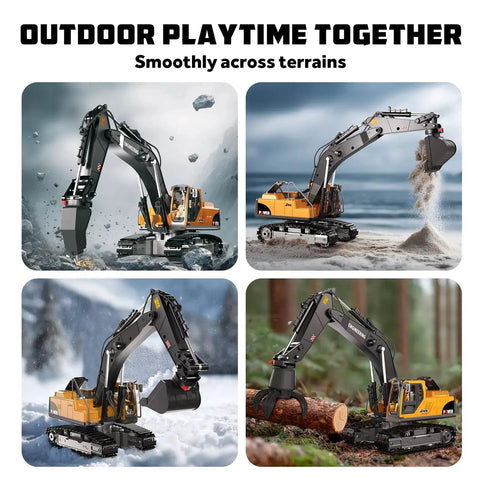 Collage of 3 In 1 Remote Control Excavator Toy With Interchangeable Bucket Claw And Drill on various terrains.