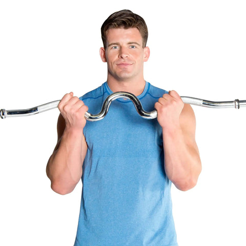 Person using 1 Inch Threaded Curl Bar With Collars For Standard Plates, Solid Steel Chrome Finish, Dual Grip Positions To Target Biceps