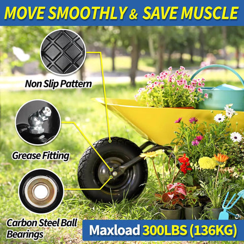 Solid Flat Free Tire And Wheel For Garden Cart 4.80/4.00-8 Inch on a yellow cart in garden, features labeled