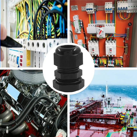 12 Pcs Half Inch NPT Nylon Cable Glands Waterproof Adjustable Cord Grips with Locknut, Gaskets; shown in industrial settings.