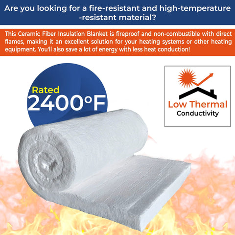 Ceramic fiber blanket insulation roll, white, 2 in thick, 24 in x 75 in, high-temperature for stoves and kilns