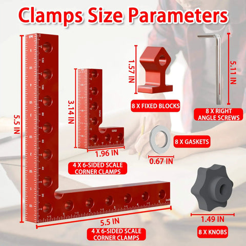 Eight Piece Corner Clamps With Box For Woodworking Aluminum Alloy 90 Degree Right Angle Clamp Set size parameters display