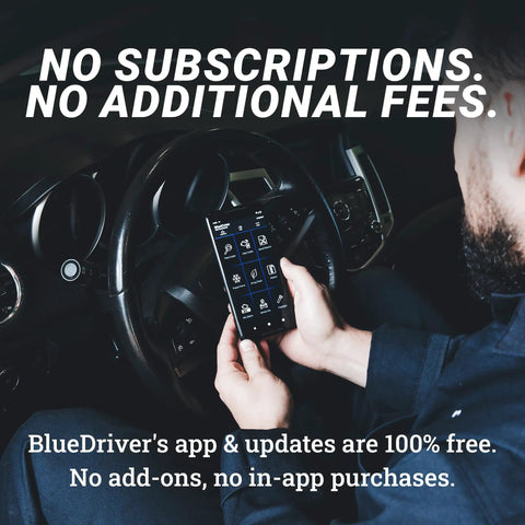 Person holding a smartphone showing the BlueDriver app inside a vehicle, emphasizing no subscriptions or fees.