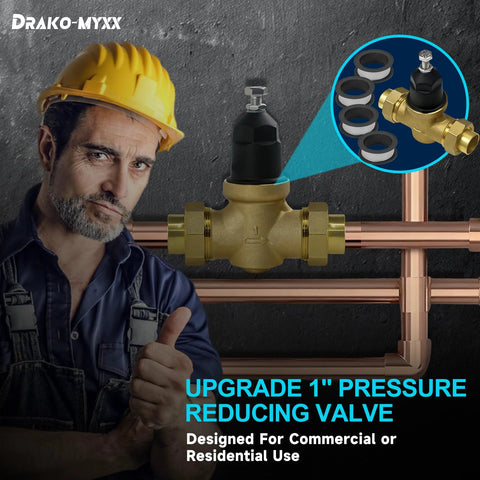 Drako-Myxx 1-inch NR3XL pressure reducing valve with double union FNPT, stainless steel screen, installed on copper piping