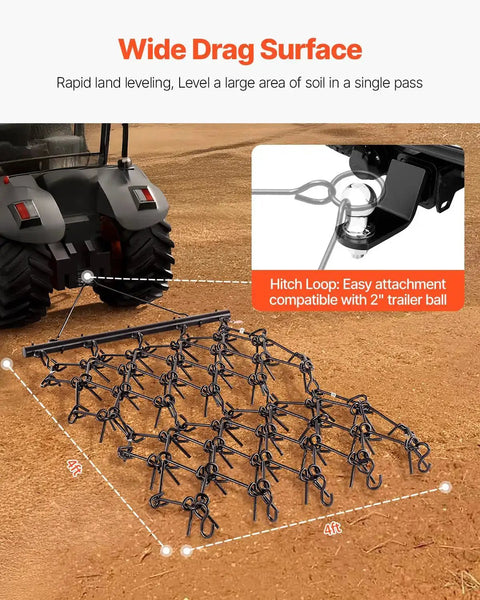 Drag Harrow For Tractor ATV And UTV Use Heavy Duty Chain Harrow With 69 Teeth 4 Ft By 4 Ft shown attached to tractor on soil.