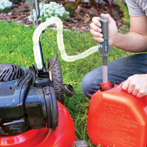 Ontel Turbo Pump Automatic Liquid Transfer Pump, gray handle, blue label, transferring gasoline from red can to mower