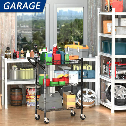 Three Tier Heavy Duty Rolling Utility Cart With Industrial Metal Frame in a garage