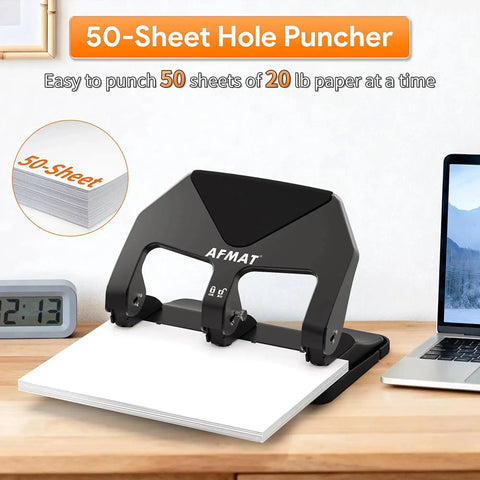 Heavy Duty Three Hole Punch 50 Sheet Capacity With 50 Percent Less Effort Labor Saving Lever on desk