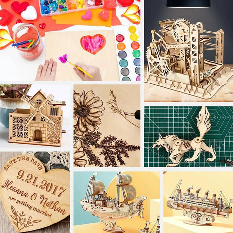 Collage of craft projects featuring laser cut wood models, pyrography art, and painting activities.