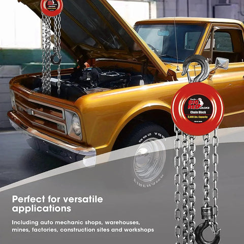 1 Ton Hand Chain Hoist With Mechanical Load Brake, 8 Ft Lift, Dual Heavy Duty Hooks shown lifting near a vintage truck engine