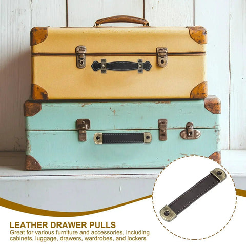 Brown PU Leather Drawer Pulls Set Of 6 With Iron Backing Plate on stacked vintage suitcases