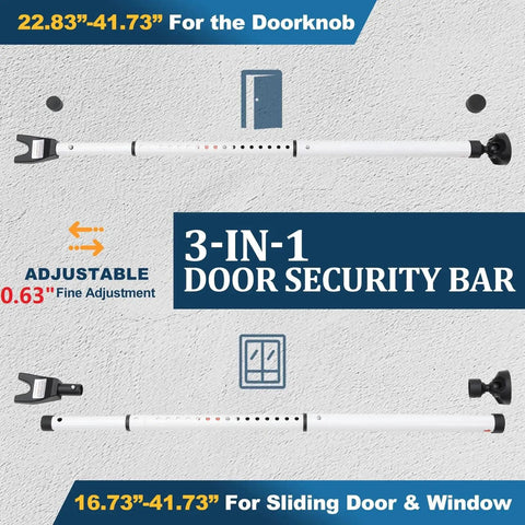 Three In One Door Security Bar With Heavy Duty Metal, Adjustable From Sixteen To Forty One Point Seven Inches, Sliding Patio Door Lock Stick With Two Point Eight Inch Non Slip Base, Portable Home, Apartment And Travel Safety Lock For Doors And Windows, shown in different positions.