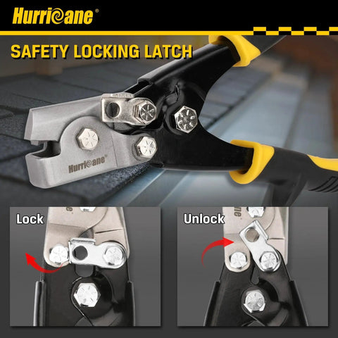 Close-up of Ready to Use Three Eighths Inch Impression Crimping Tool for Gutter End Caps by Hurricane showing locking latch.