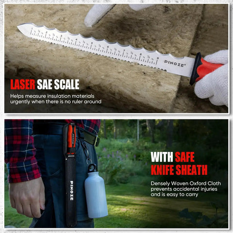 Heavy Duty 11 Inch Insulation Knife With Laser Scale, Stainless Steel Blade, Dual Side Serrated Duct Cutter For Cutting Foam, Rockwool, Mineral Wool, Fiberglass And Styrofoam With Sheath PINOZE, shown cutting insulation and stored in sheath