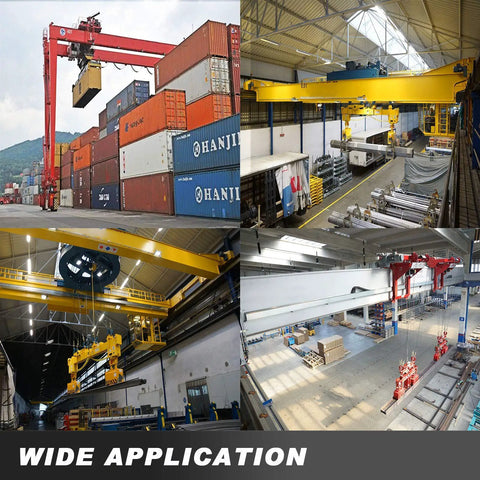HONYTA magnetic lifter attached to a yellow overhead crane lifting steel plates in an industrial warehouse.