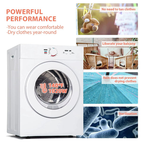 Compact 1.8 Cu Ft Portable Clothes Dryer With Exhaust Duct And Stainless Liner displaying 140°F and 1020W power features