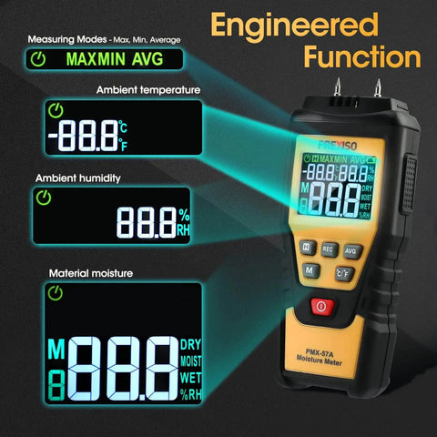 Close-up of 7 In 1 Digital Wood Moisture Meter displaying temperature, humidity, and moisture readings