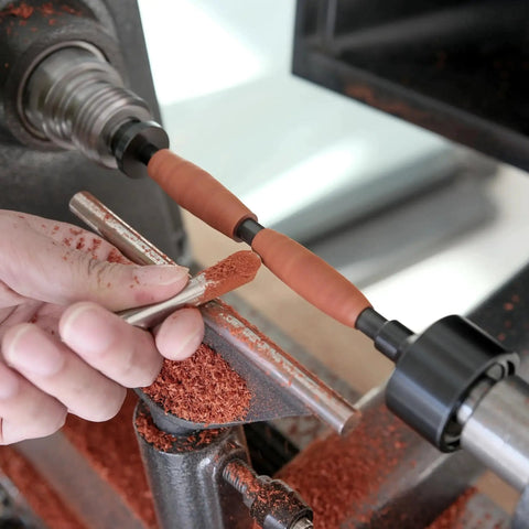 Close-up of Pen Mandrel Kit MT2 For Woodturning With 5 Bushings And 7mm Drill Bit Live Mandrel Saver in use on a lathe